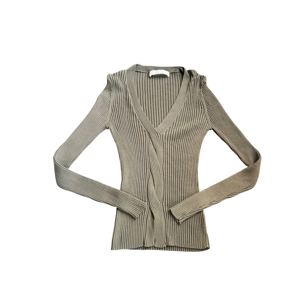 Dion Lee Olive Green Ribbed Knit Twist Front V-Neck Long Sleeve Top Size 6 S